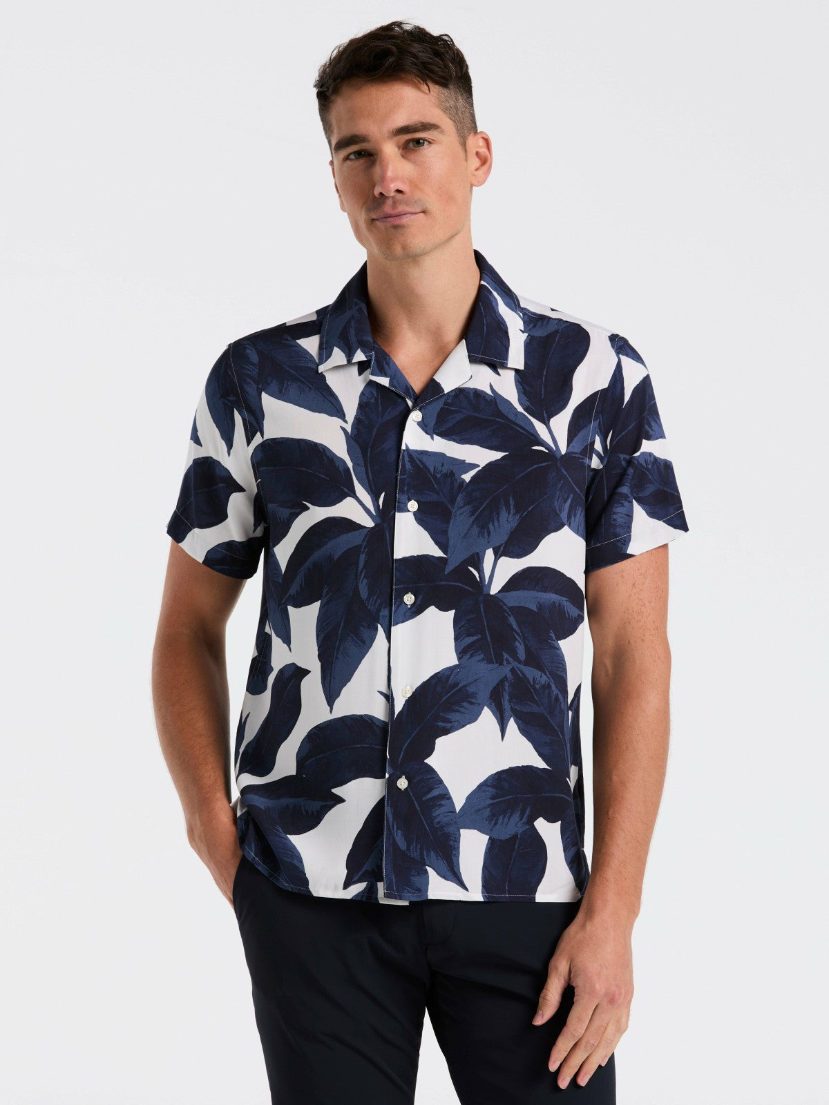Perry Ellis Tropical Plant Print Camp Collar Shirt