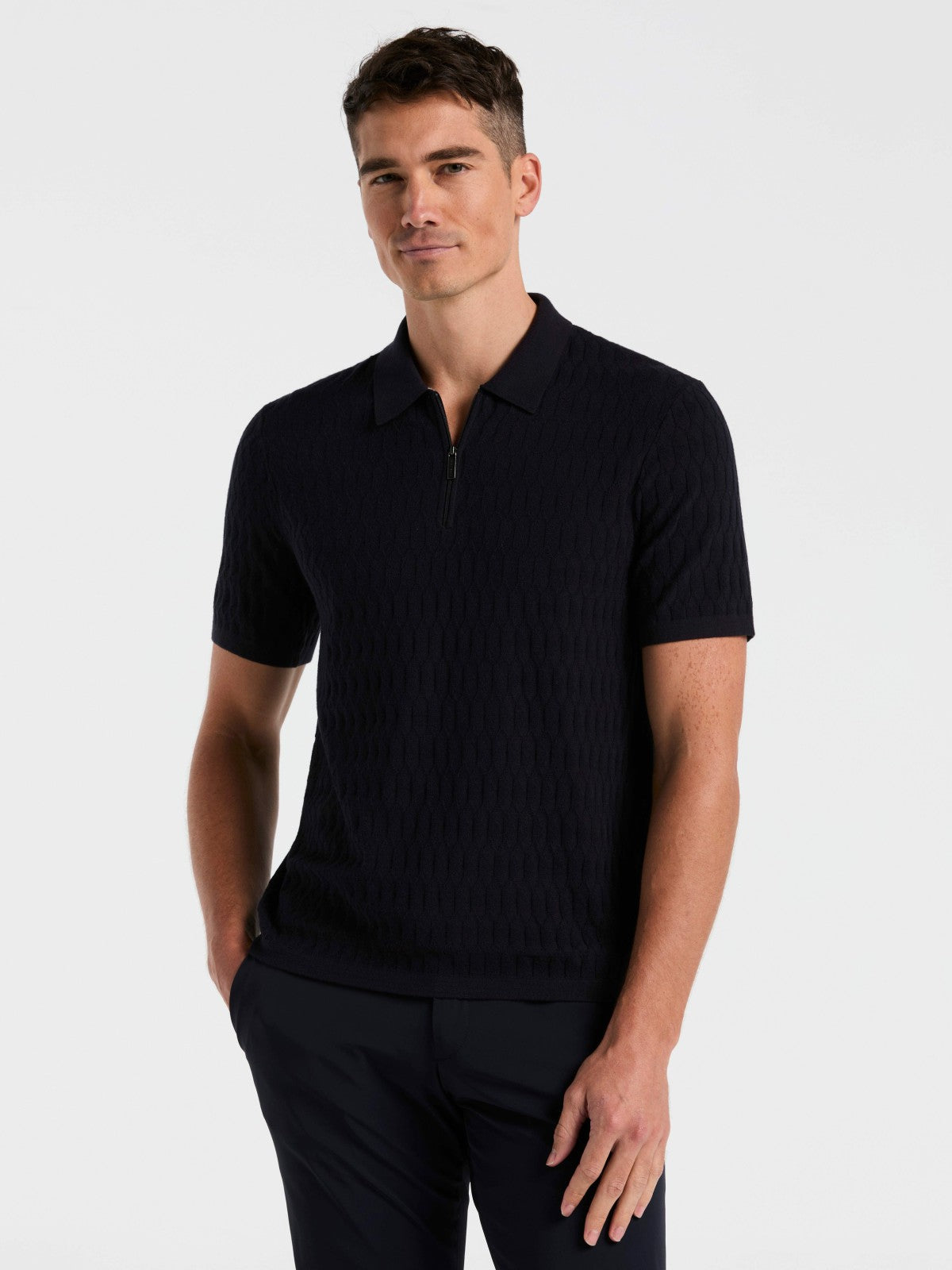 Perry Ellis Geometric Pattern Zip Polo Sweater