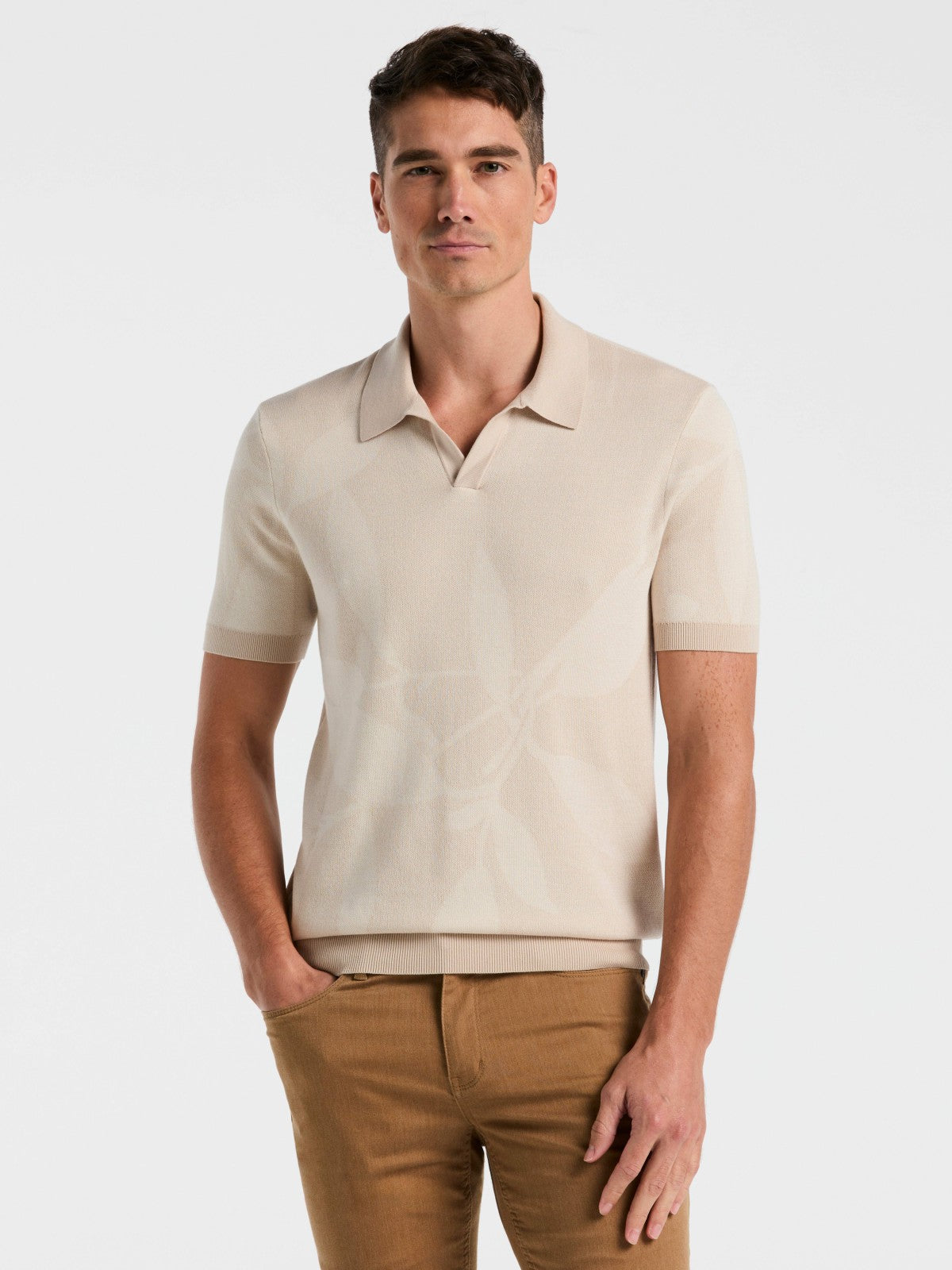 Perry Ellis Leaf Print Open Collar Sweater Polo