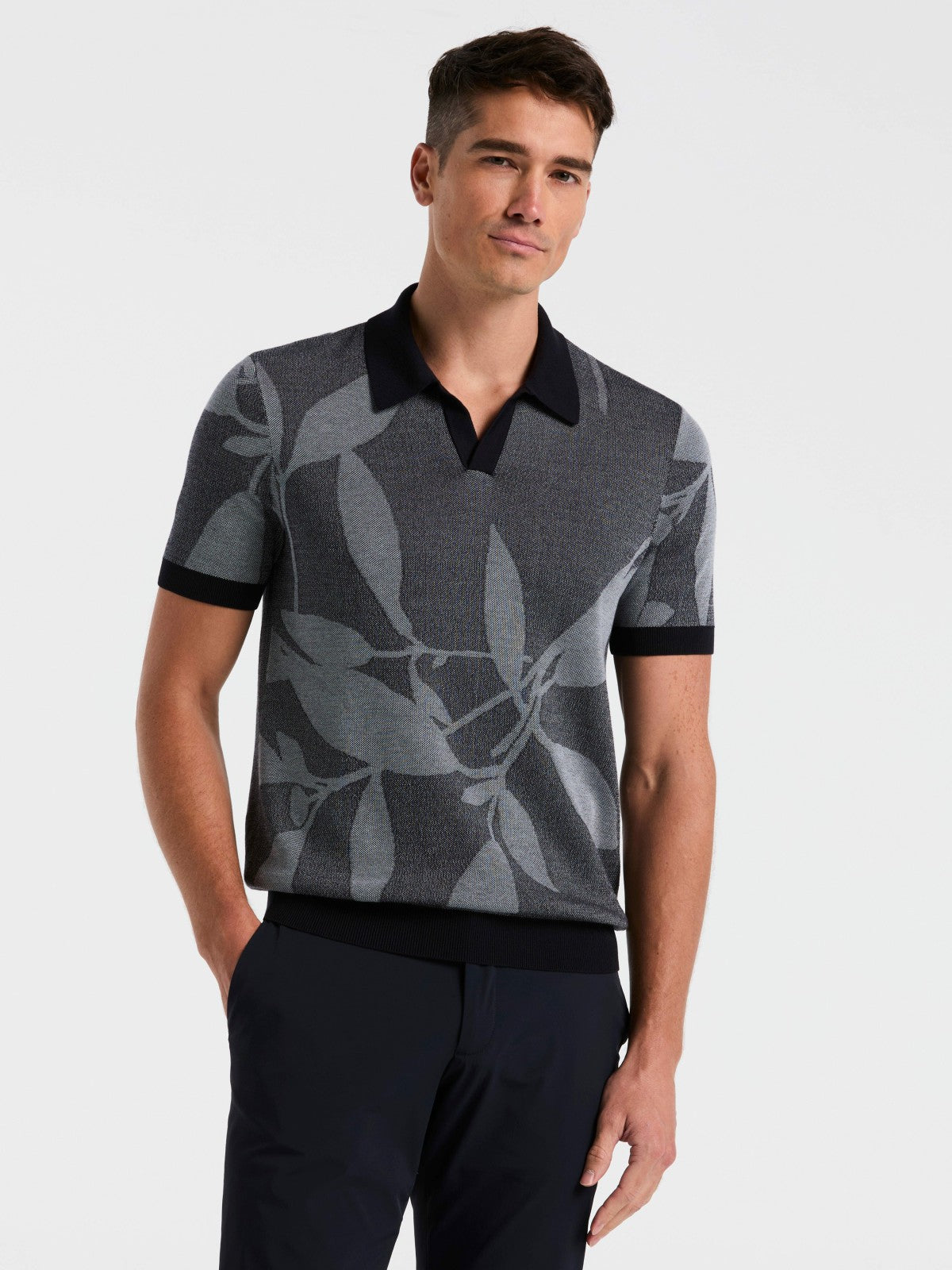 Perry Ellis Leaf Print Open Collar Sweater Polo