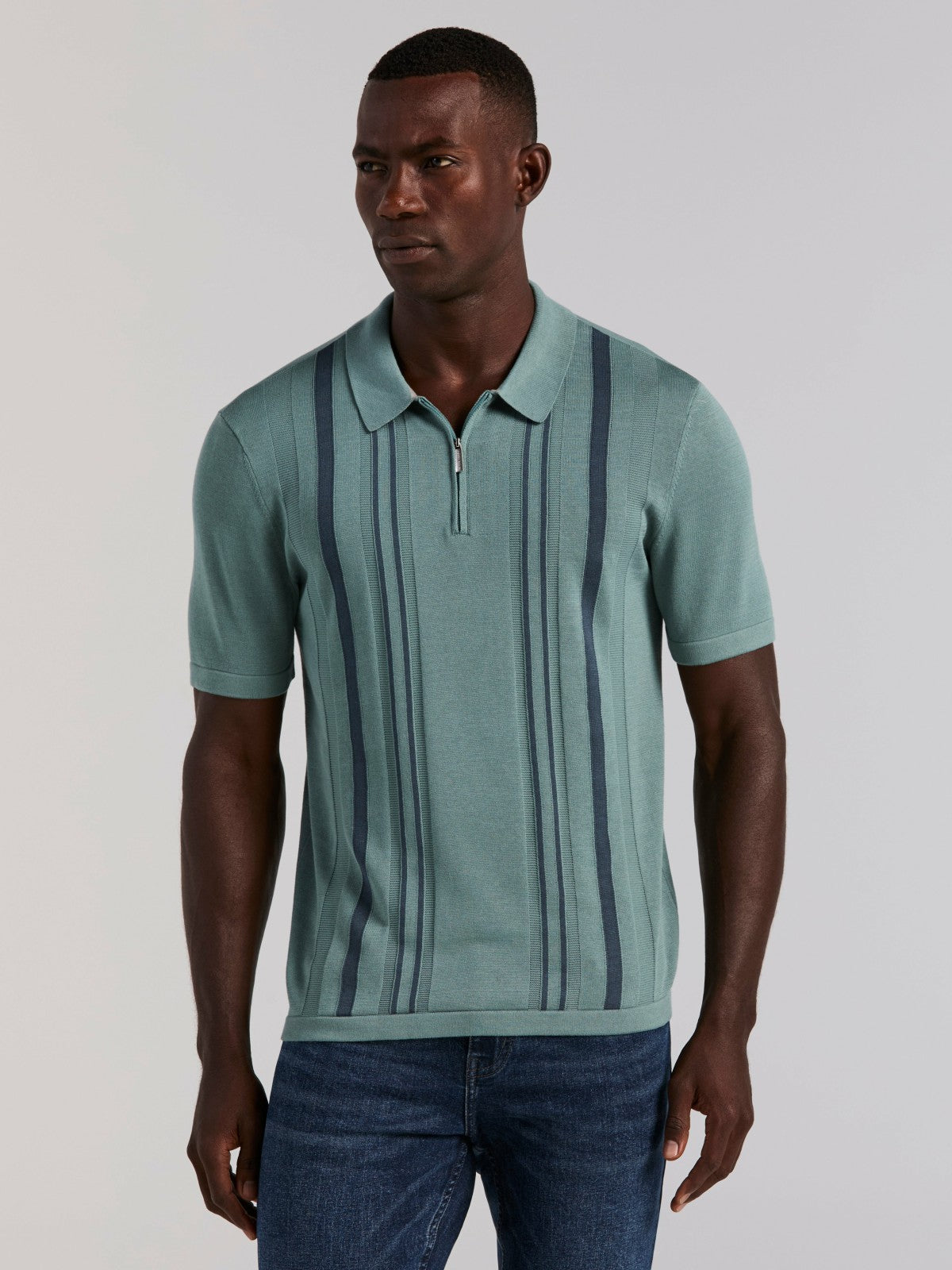 Perry Ellis Cotton Modal Striped Zip Sweater Polo