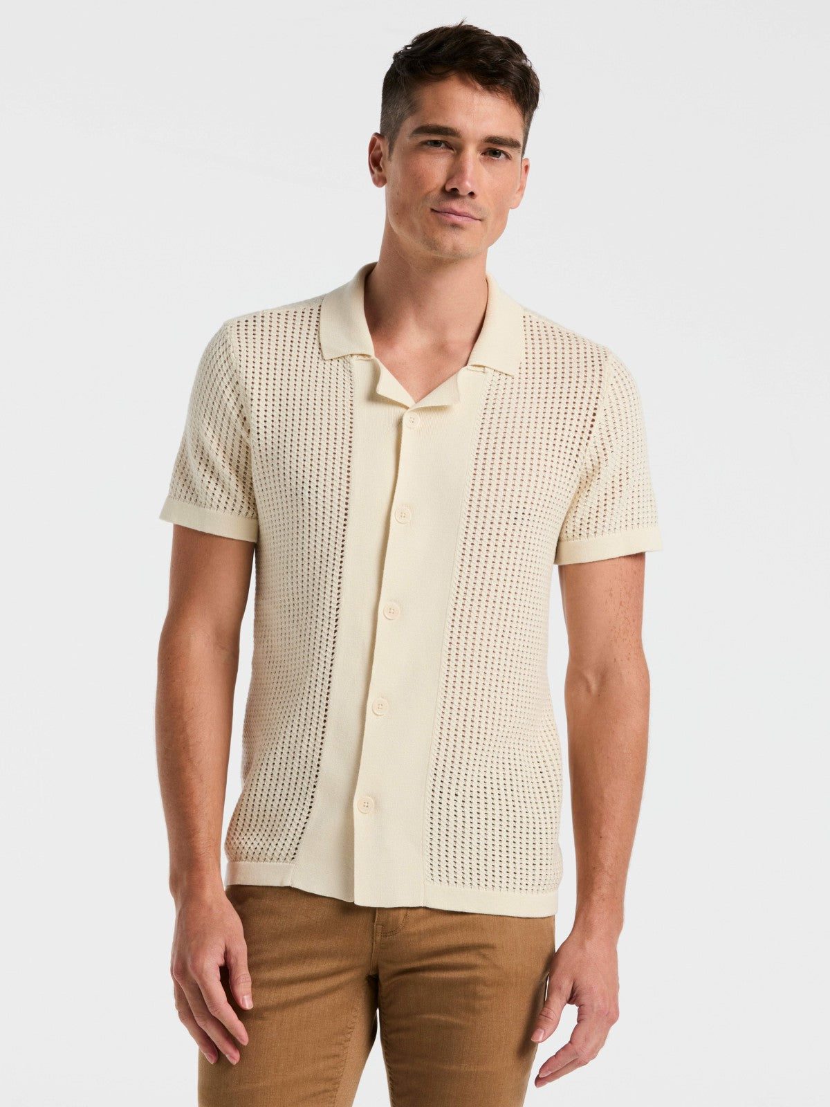 Perry Ellis Cotton Jacquard Open Stitch Button Front Sweater