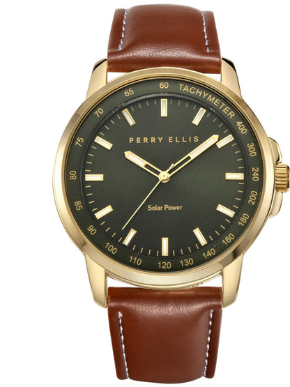 Perry Ellis Solar Powered Vegan Cognac Leather Watch
